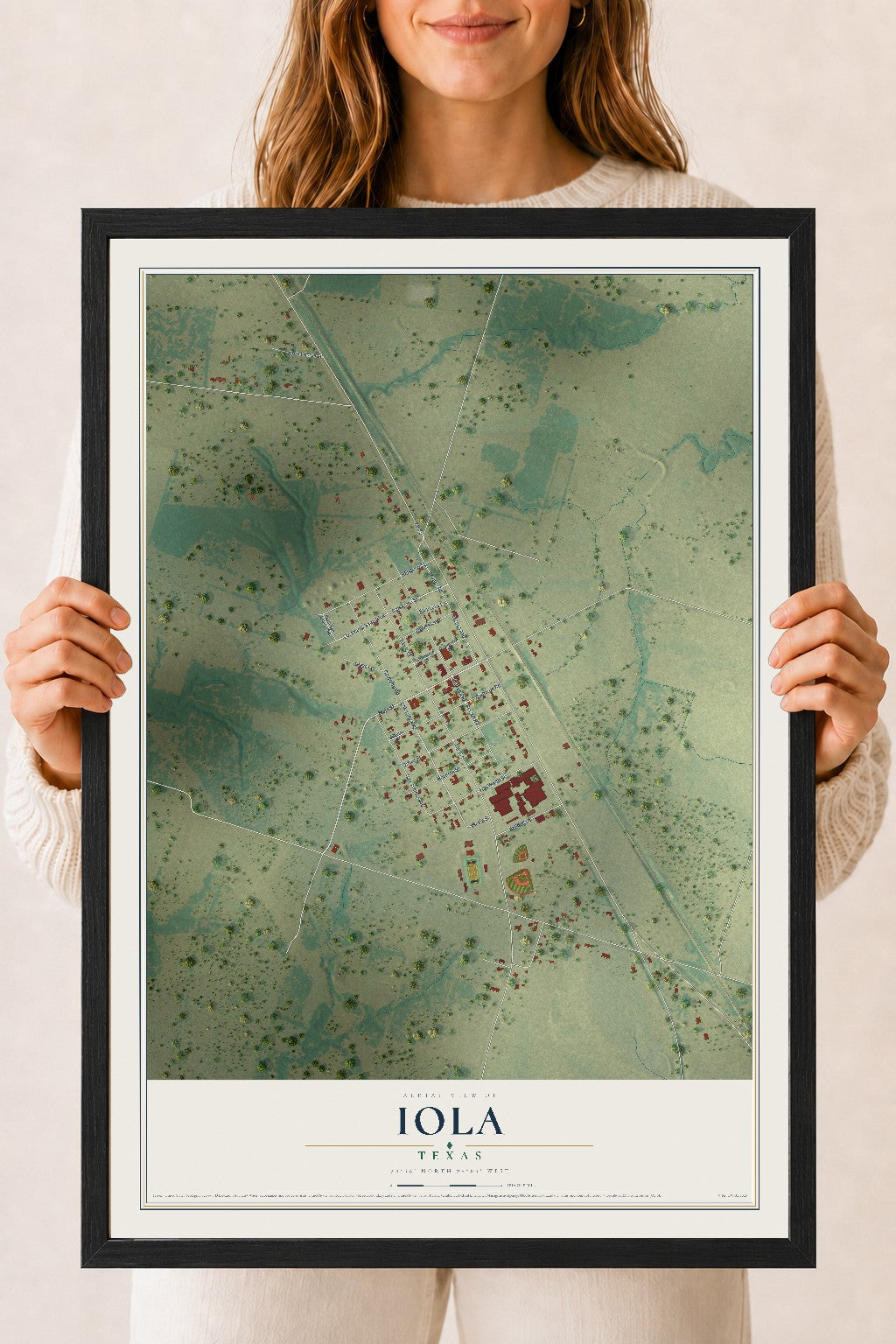 Map of Iola, Texas, 18 x 24 inch print in a black wood frame