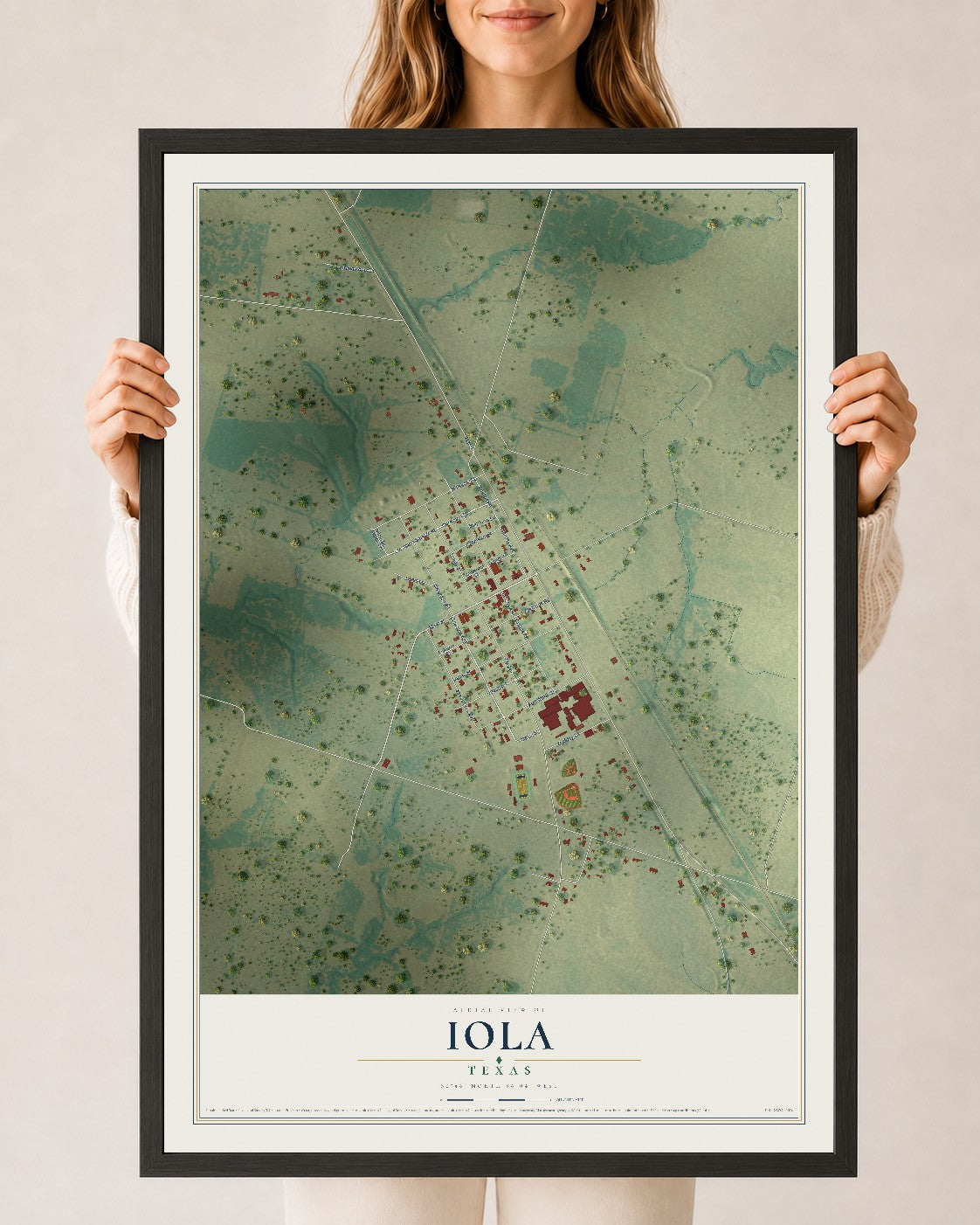 Map of Iola, Texas, 24 x 36 inch print in a black wood frame