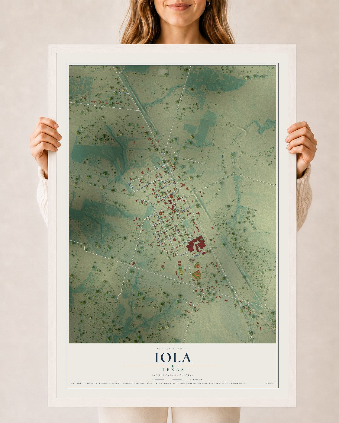 Map of Iola, Texas, 24 x 36 inch print in a white wood frame