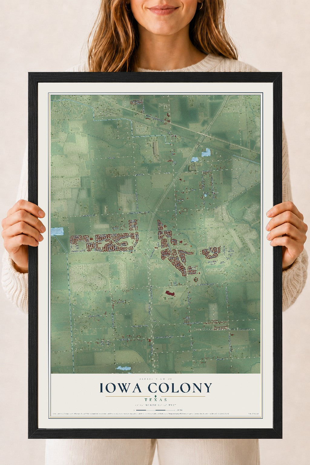 Map of Iowa Colony, Texas, 18 x 24 inch print in a black wood frame