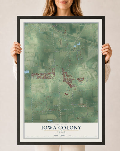 Map of Iowa Colony, Texas, 24 x 36 inch print in a black wood frame