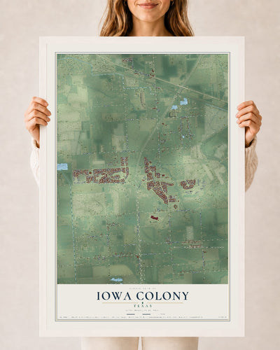 Map of Iowa Colony, Texas, 24 x 36 inch print in a white wood frame