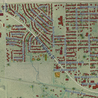 Close-up of the map of Iowa Park, Texas print showing street and building detail