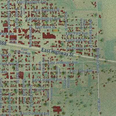 Second close-up of the map of Iowa Park, Texas print showing more streets and buildings