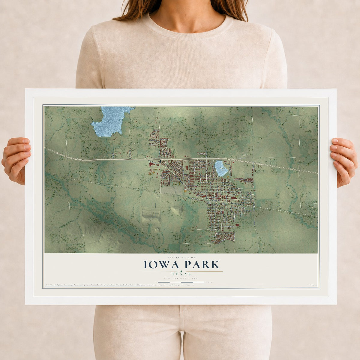 Map of Iowa Park, Texas, 12 x 18 inch print in a white wood frame