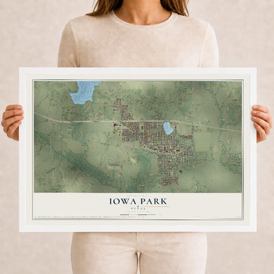 Map of Iowa Park, Texas, 12 x 18 inch print in a white wood frame