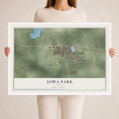 Map of Iowa Park, Texas, 24 x 36 inch print in a white wood frame
