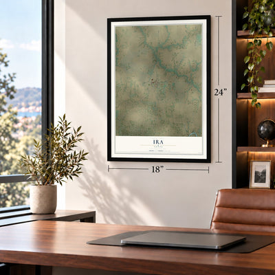 Ira, Texas map, 18 x 24 inch print in a black frame in a home office