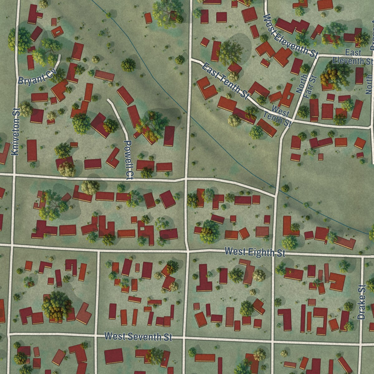 Close-up of the map of Iraan, Texas print showing street and building detail