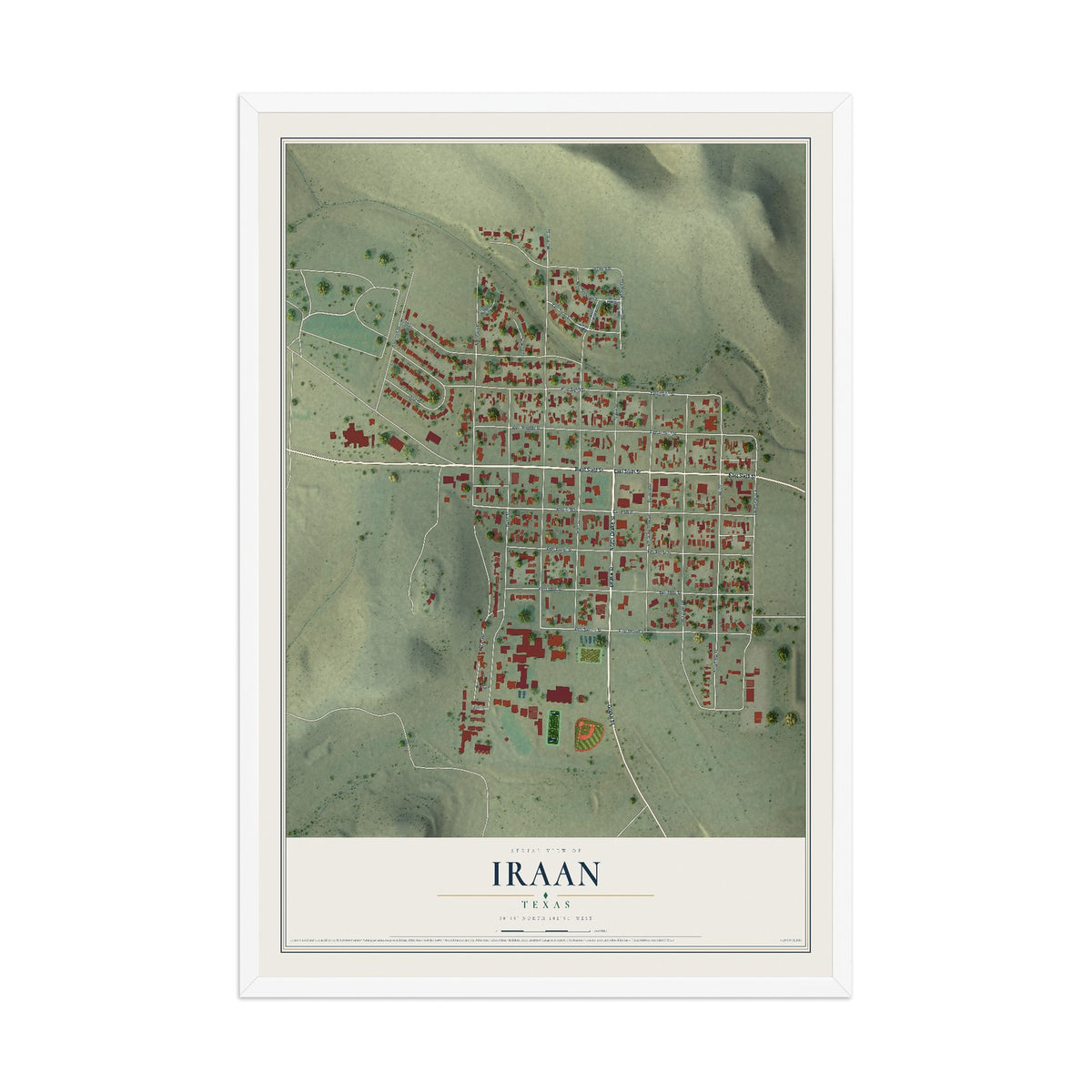 Map of Iraan, Texas, 12 x 18 inch print in a white wood frame