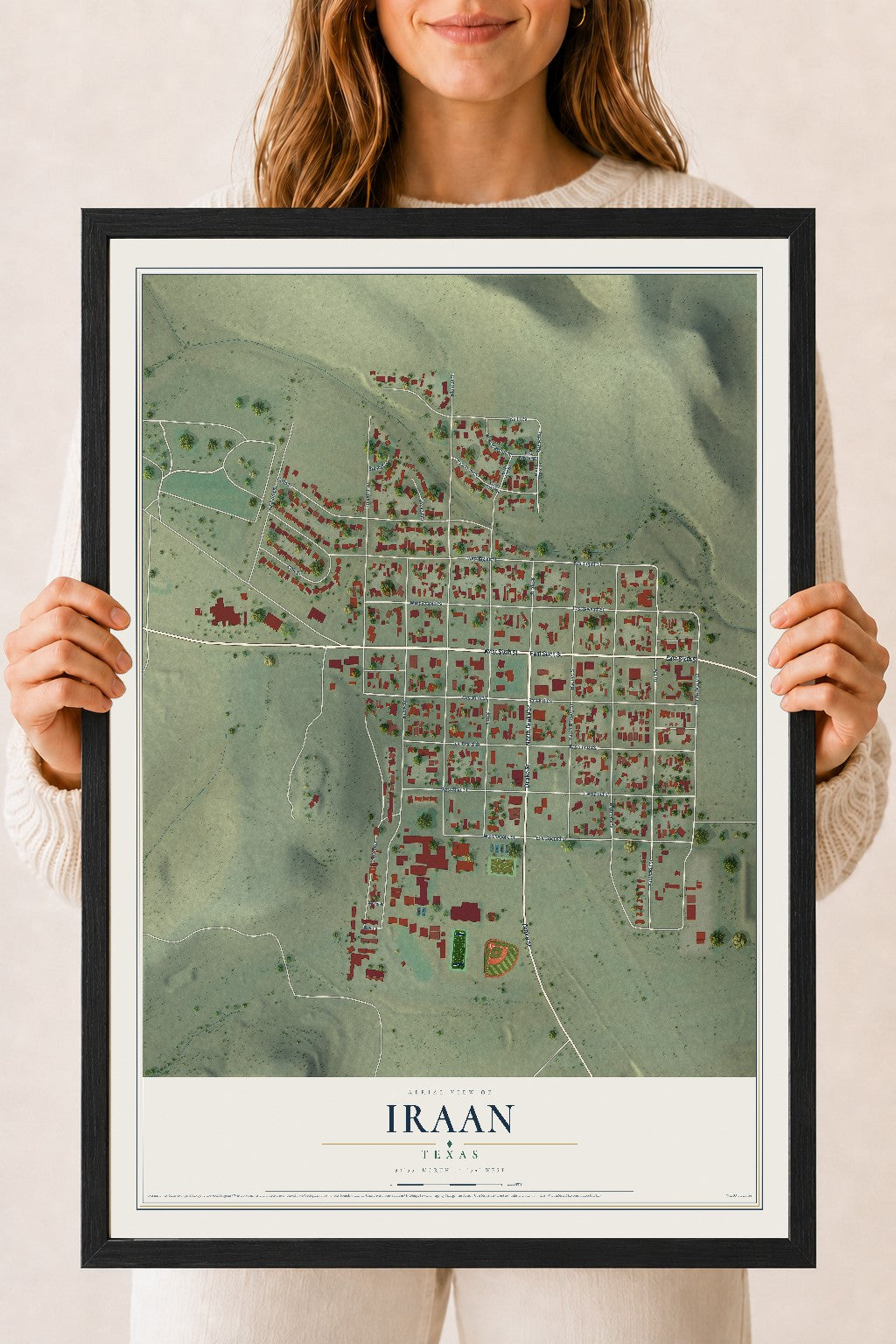 Map of Iraan, Texas, 18 x 24 inch print in a black wood frame
