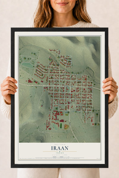 Map of Iraan, Texas, 18 x 24 inch print in a black wood frame