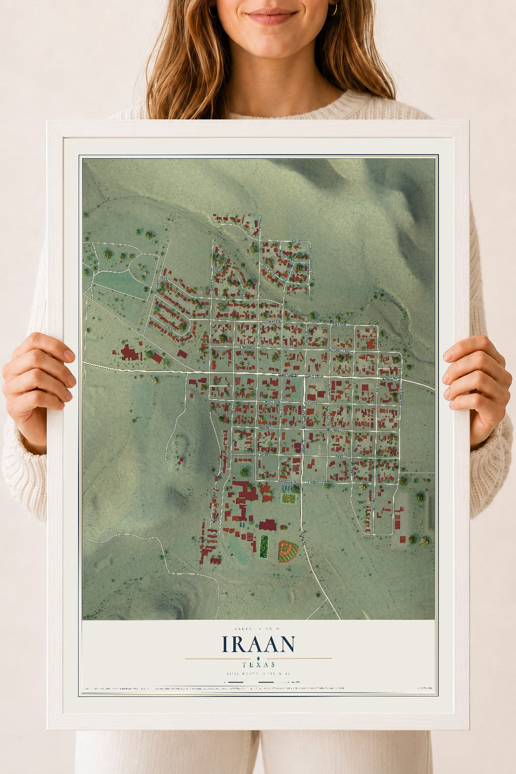 Map of Iraan, Texas, 18 x 24 inch print in a white wood frame