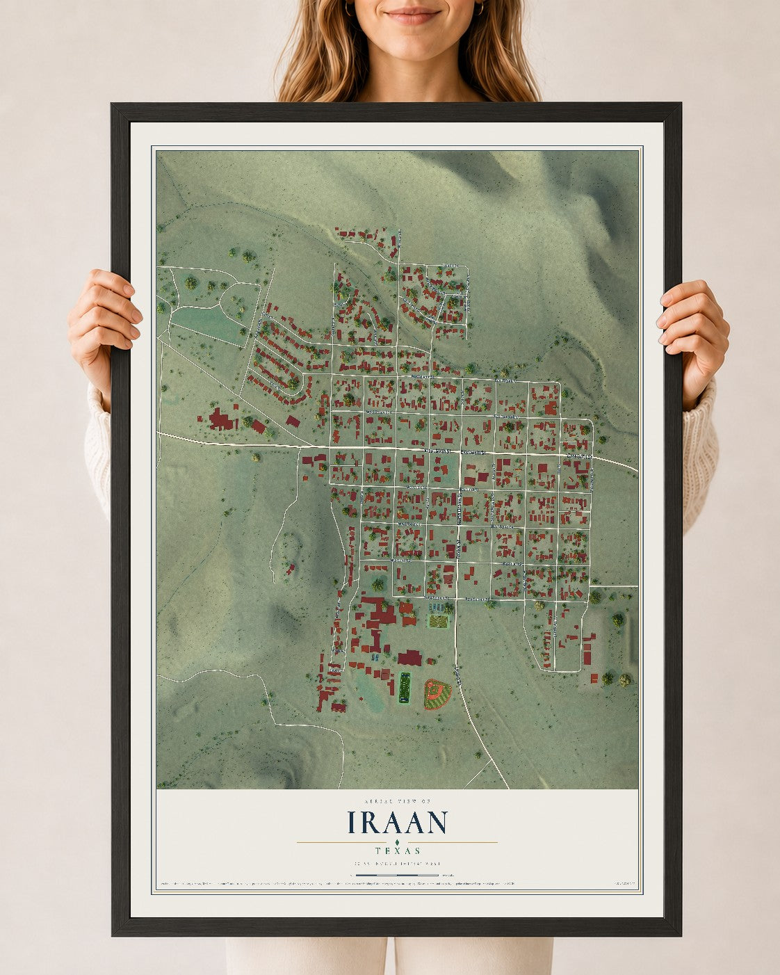 Map of Iraan, Texas, 24 x 36 inch print in a black wood frame