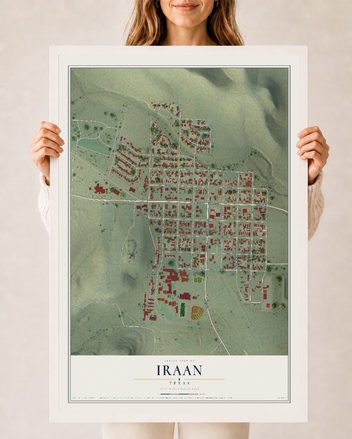 Map of Iraan, Texas, 24 x 36 inch print in a white wood frame