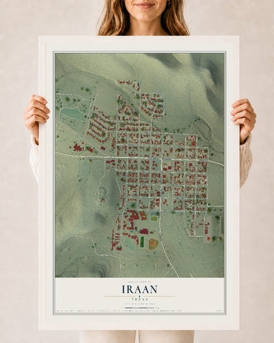 Map of Iraan, Texas, 24 x 36 inch print in a white wood frame