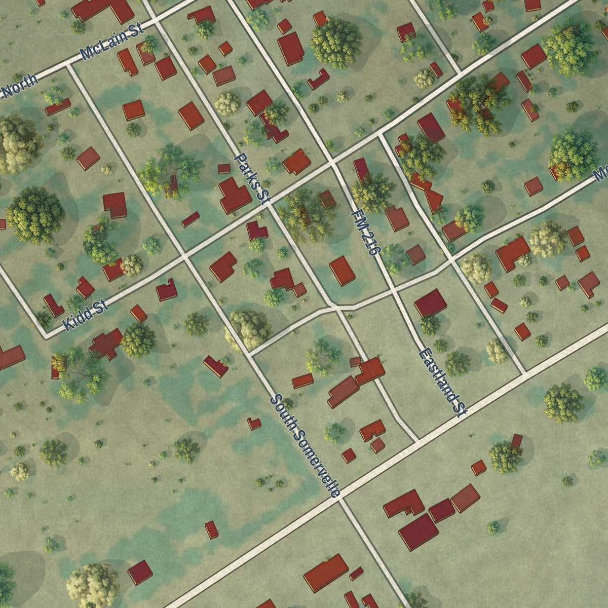 Close-up of the map of Iredell, Texas print showing street and building detail