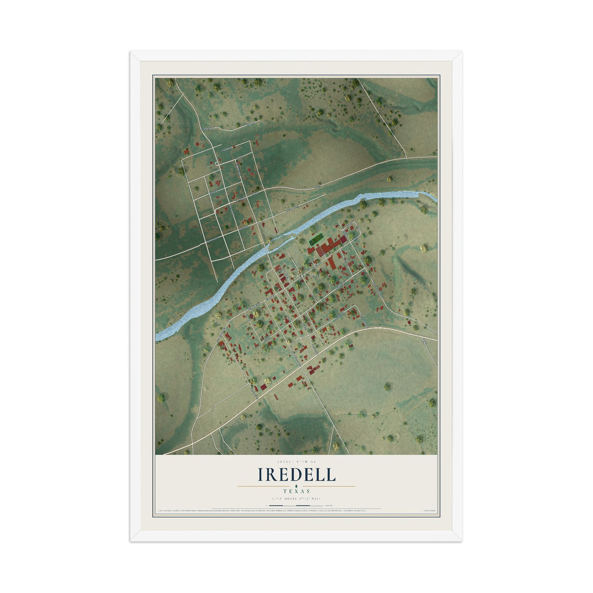 Map of Iredell, Texas, 12 x 18 inch print in a white wood frame