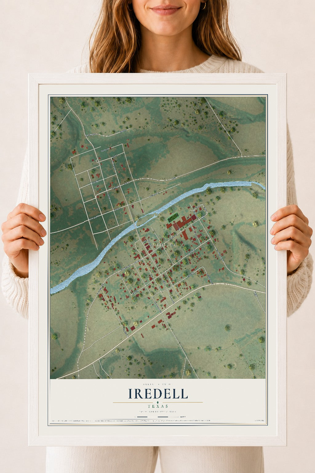 Map of Iredell, Texas, 18 x 24 inch print in a white wood frame