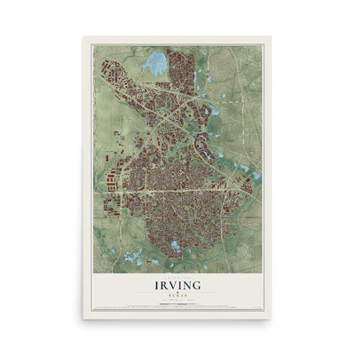 Map of Irving, Texas, 12 x 18 inch unframed archival matte print