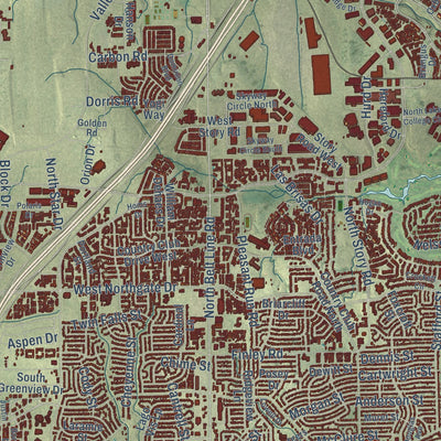 Second close-up of the map of Irving, Texas print showing more streets and buildings