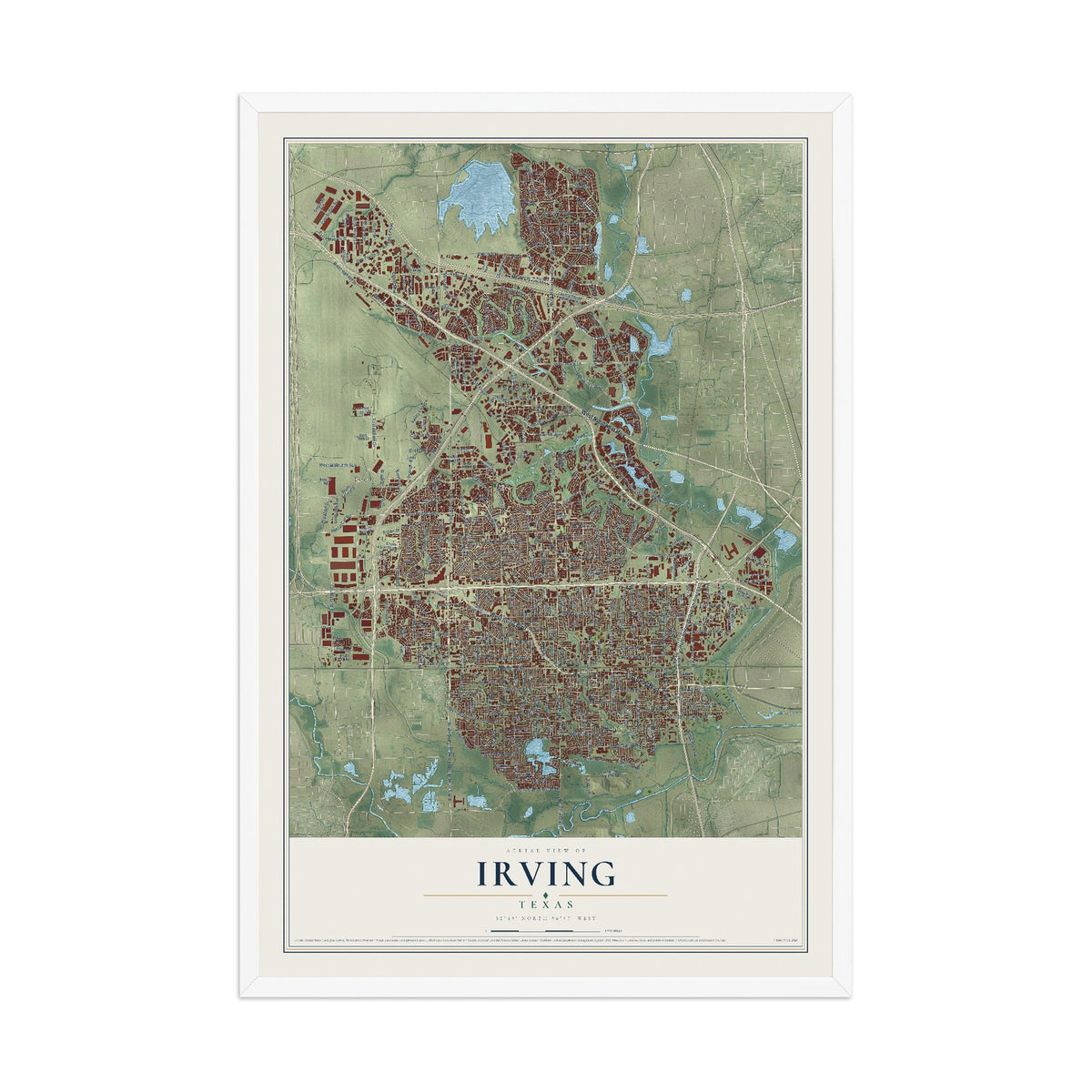Map of Irving, Texas, 12 x 18 inch print in a white wood frame