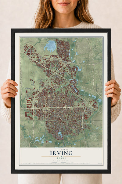 Map of Irving, Texas, 18 x 24 inch print in a black wood frame