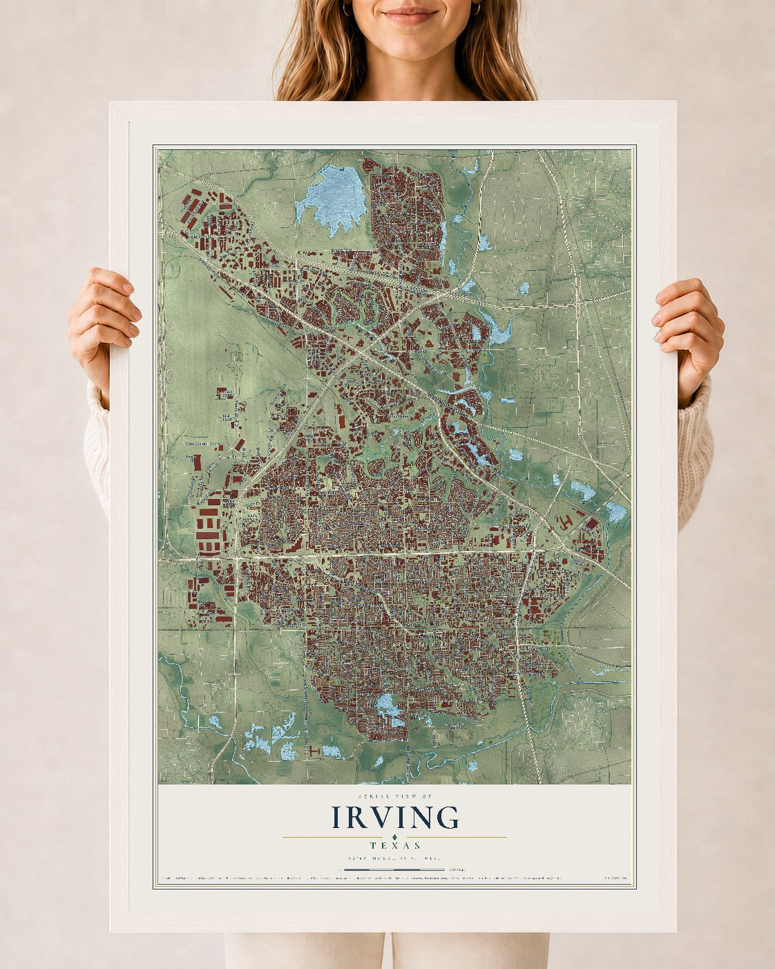 Map of Irving, Texas, 24 x 36 inch print in a white wood frame