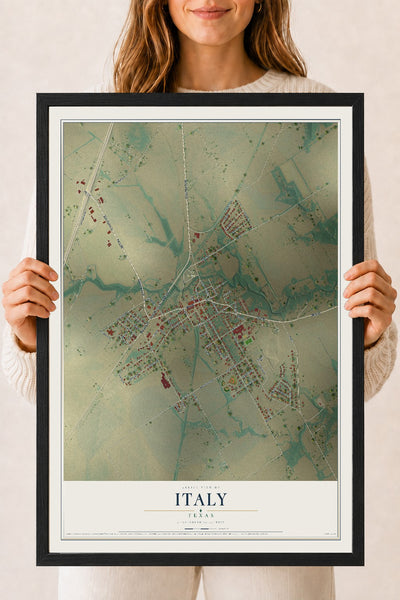 Map of Italy, Texas, 18 x 24 inch print in a black wood frame