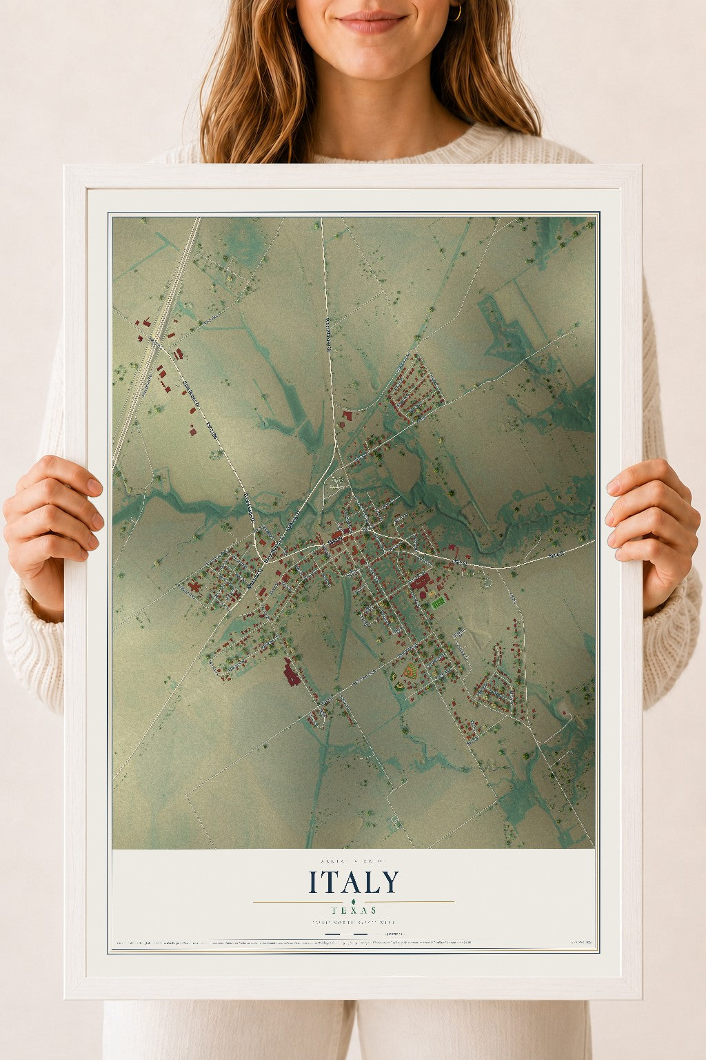 Map of Italy, Texas, 18 x 24 inch print in a white wood frame