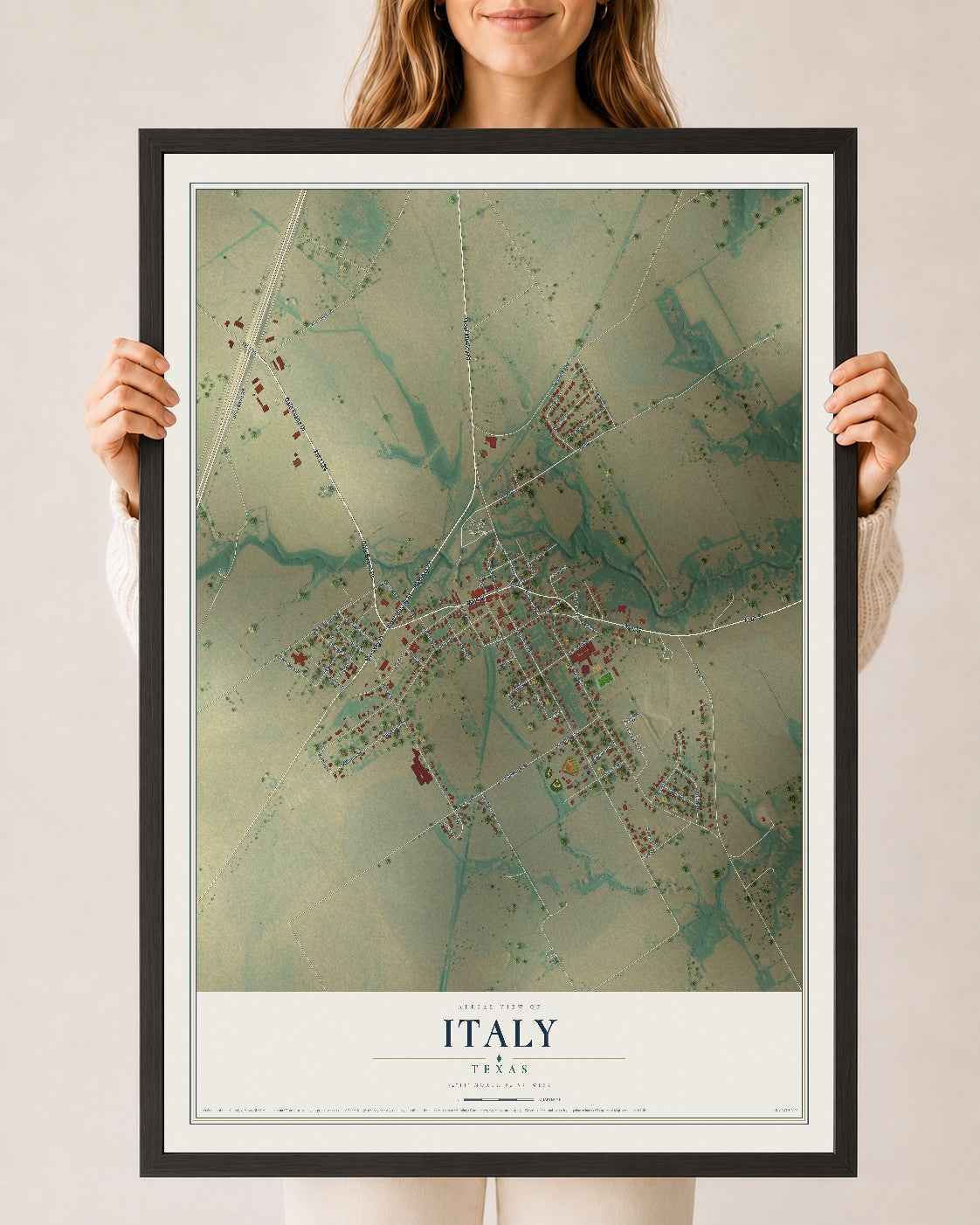 Map of Italy, Texas, 24 x 36 inch print in a black wood frame