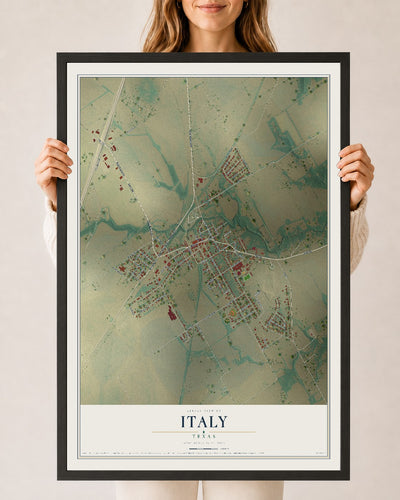 Map of Italy, Texas, 24 x 36 inch print in a black wood frame