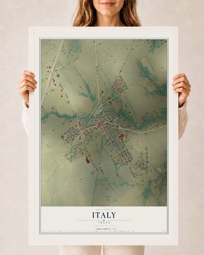 Map of Italy, Texas, 24 x 36 inch print in a white wood frame
