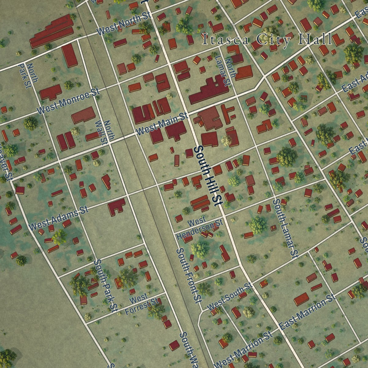 Close-up of the map of Itasca, Texas print showing street and building detail