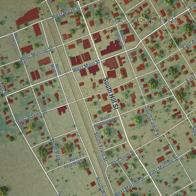 Close-up of the map of Itasca, Texas print showing street and building detail