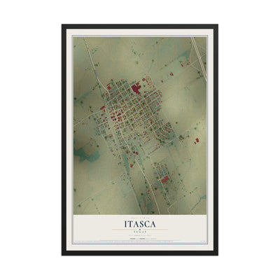 Map of Itasca, Texas, 12 x 18 inch print in a black wood frame