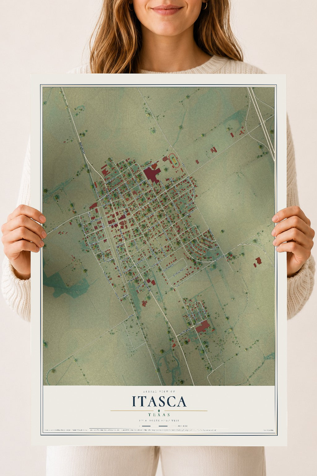 Map of Itasca, Texas, 18 x 24 inch unframed archival matte print