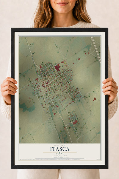 Map of Itasca, Texas, 18 x 24 inch print in a black wood frame