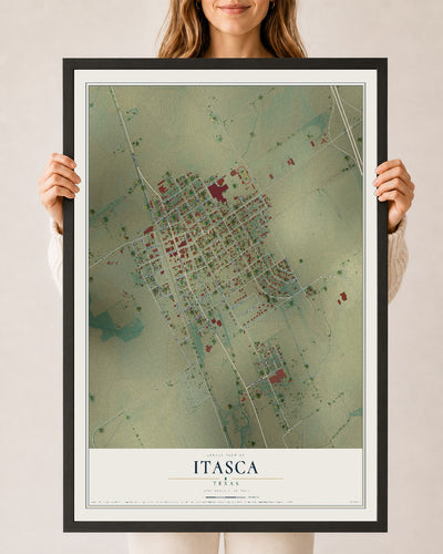 Map of Itasca, Texas, 24 x 36 inch print in a black wood frame