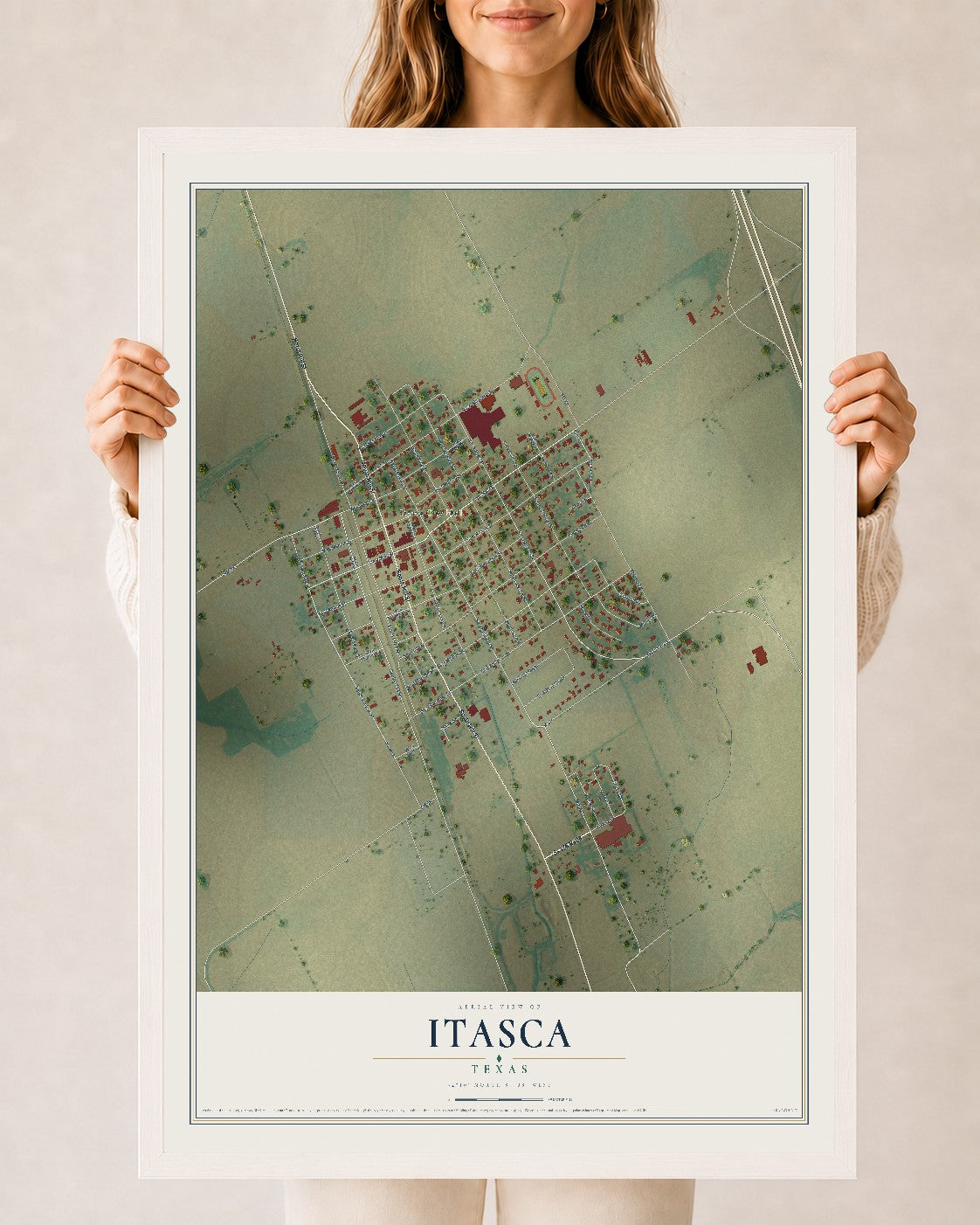 Map of Itasca, Texas, 24 x 36 inch print in a white wood frame