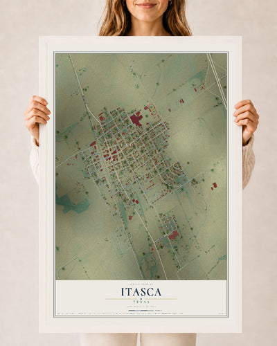 Map of Itasca, Texas, 24 x 36 inch print in a white wood frame