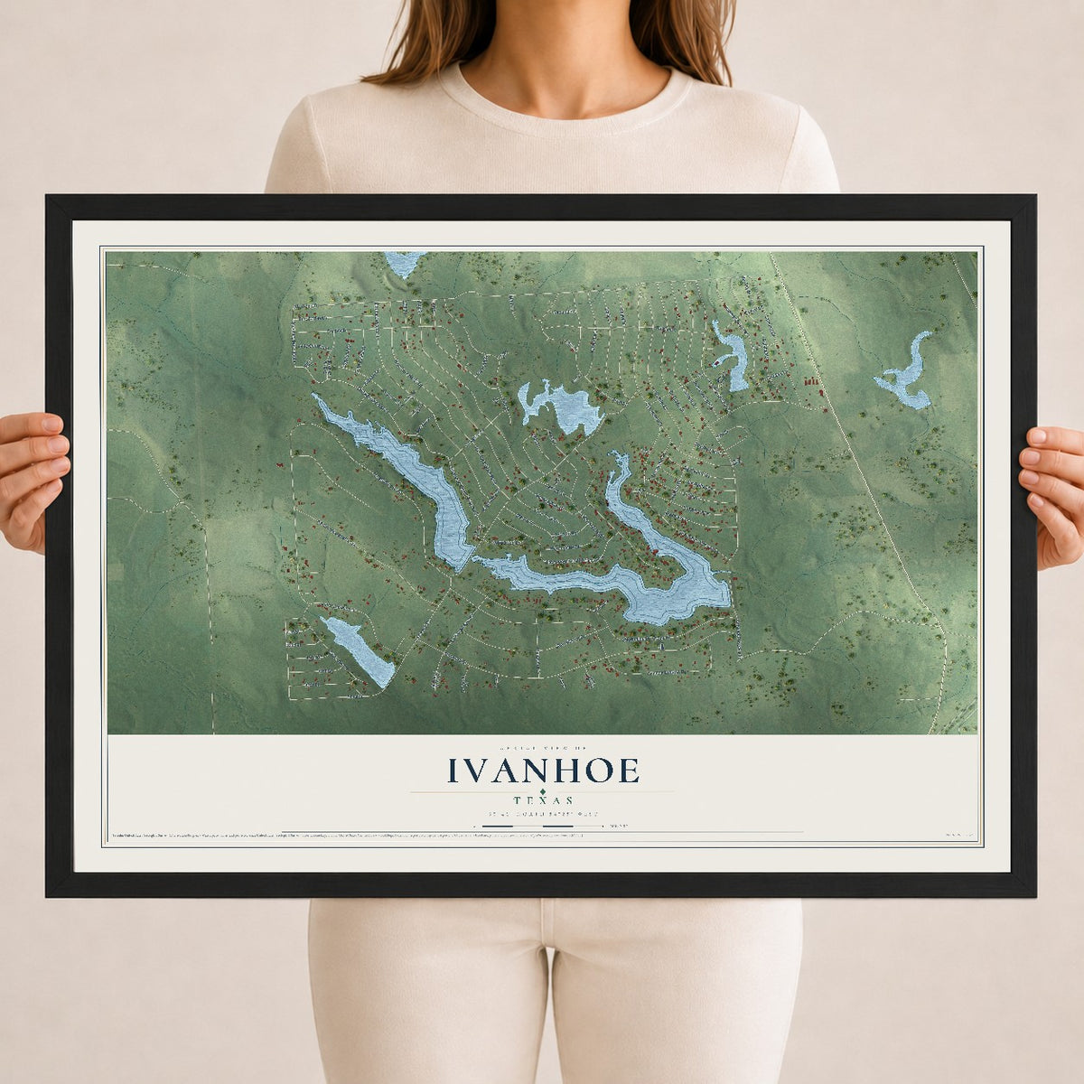 Map of Ivanhoe, Texas, 18 x 24 inch print in a black wood frame