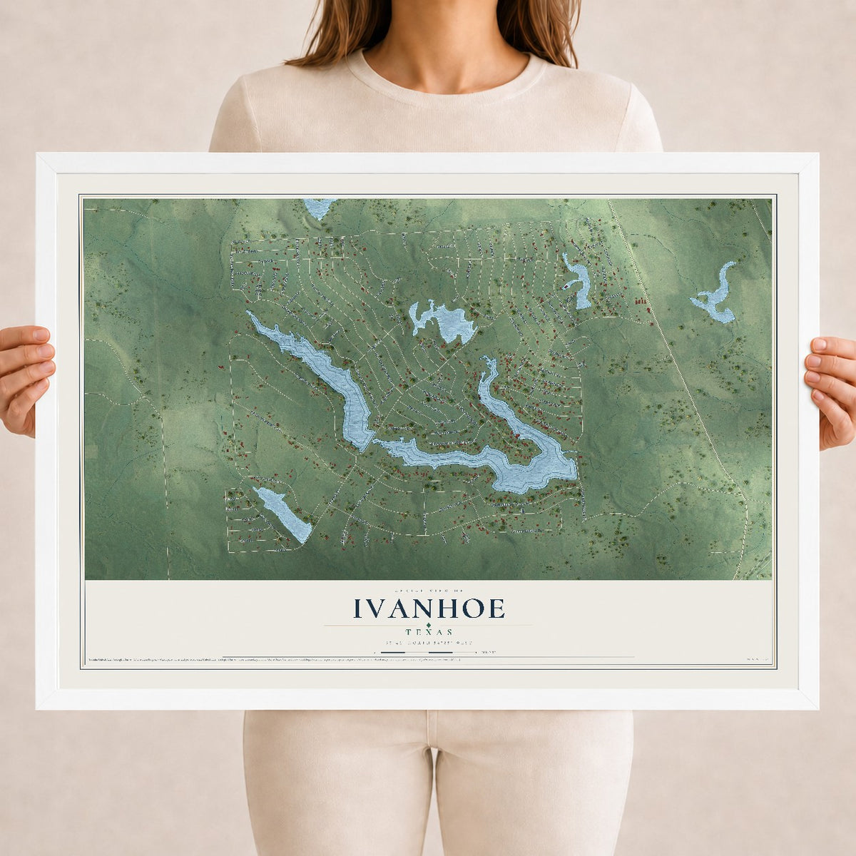 Map of Ivanhoe, Texas, 18 x 24 inch print in a white wood frame
