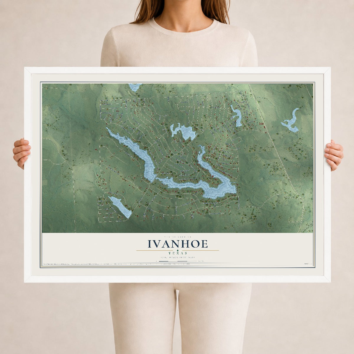 Map of Ivanhoe, Texas, 24 x 36 inch print in a white wood frame