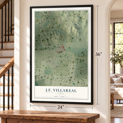 J.F. Villareal, Texas map, 24 x 36 inch print in a black frame by a staircase