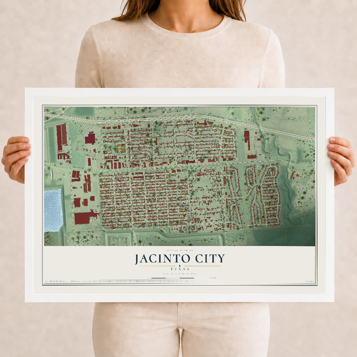 Map of Jacinto City, Texas, 12 x 18 inch print in a white wood frame