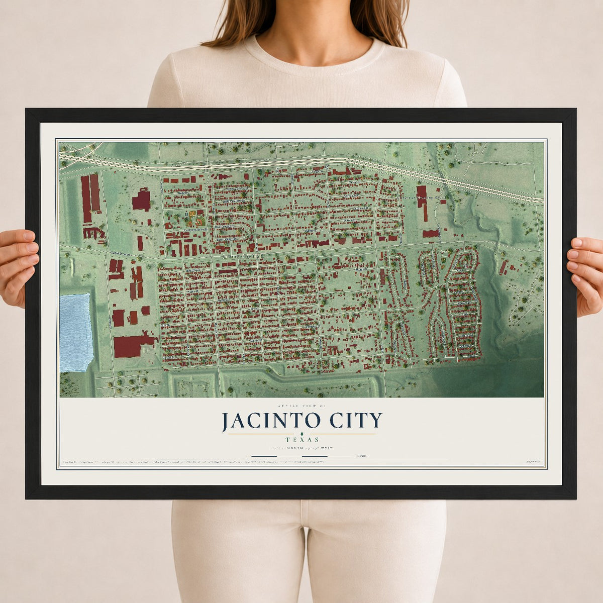 Map of Jacinto City, Texas, 18 x 24 inch print in a black wood frame