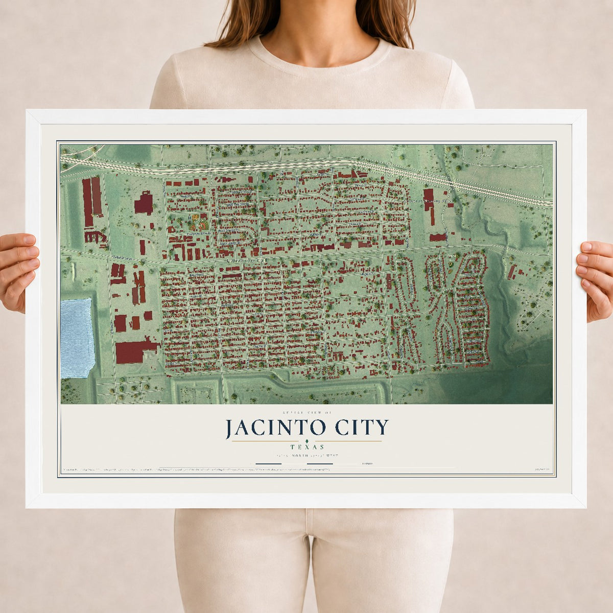 Map of Jacinto City, Texas, 18 x 24 inch print in a white wood frame