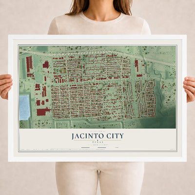 Map of Jacinto City, Texas, 18 x 24 inch print in a white wood frame