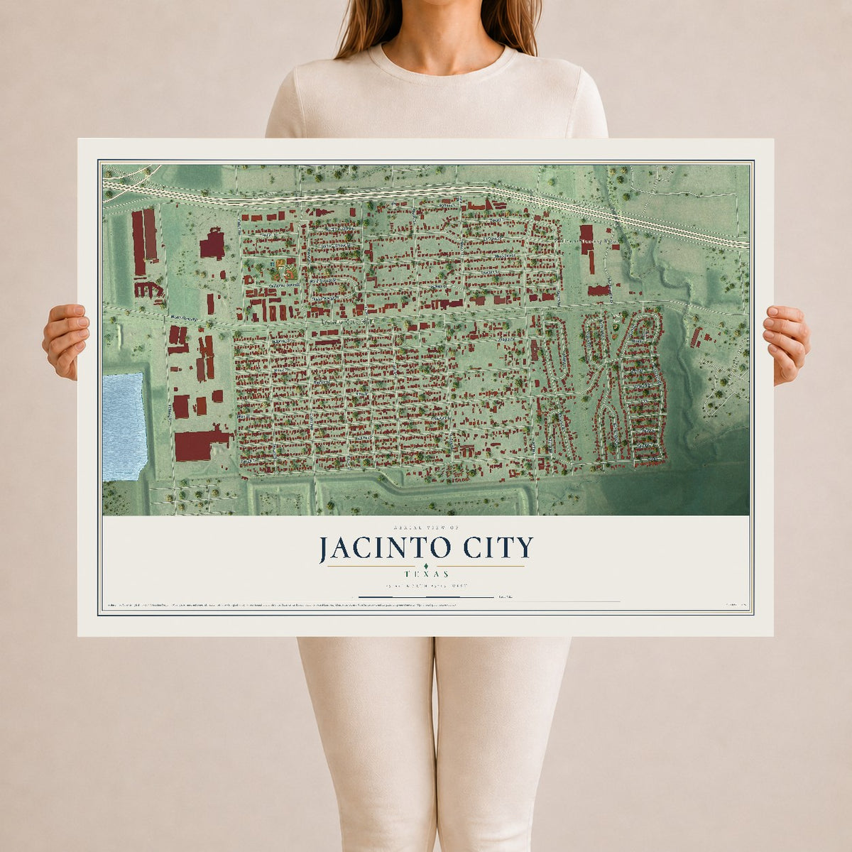 Map of Jacinto City, Texas, 24 x 36 inch unframed archival matte print